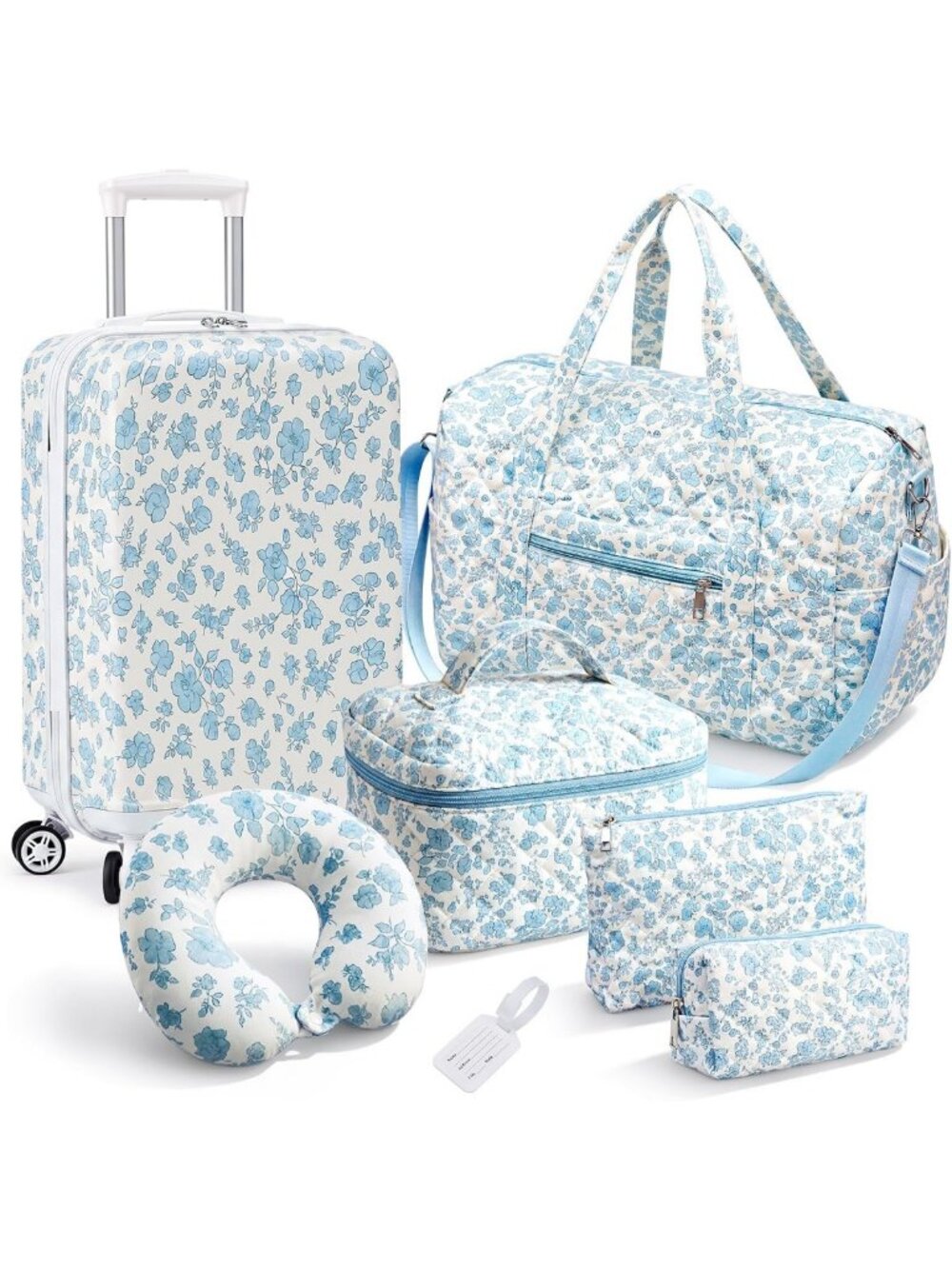 Floral 7-Piece Luggage Set for Women - Stylish Travel Bags in Blue